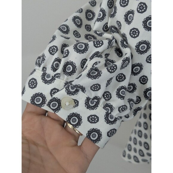 Lands End Sz 1X Blouse Shirt Button Down Top White Gray Geometric Print Career - Picture 7 of 8